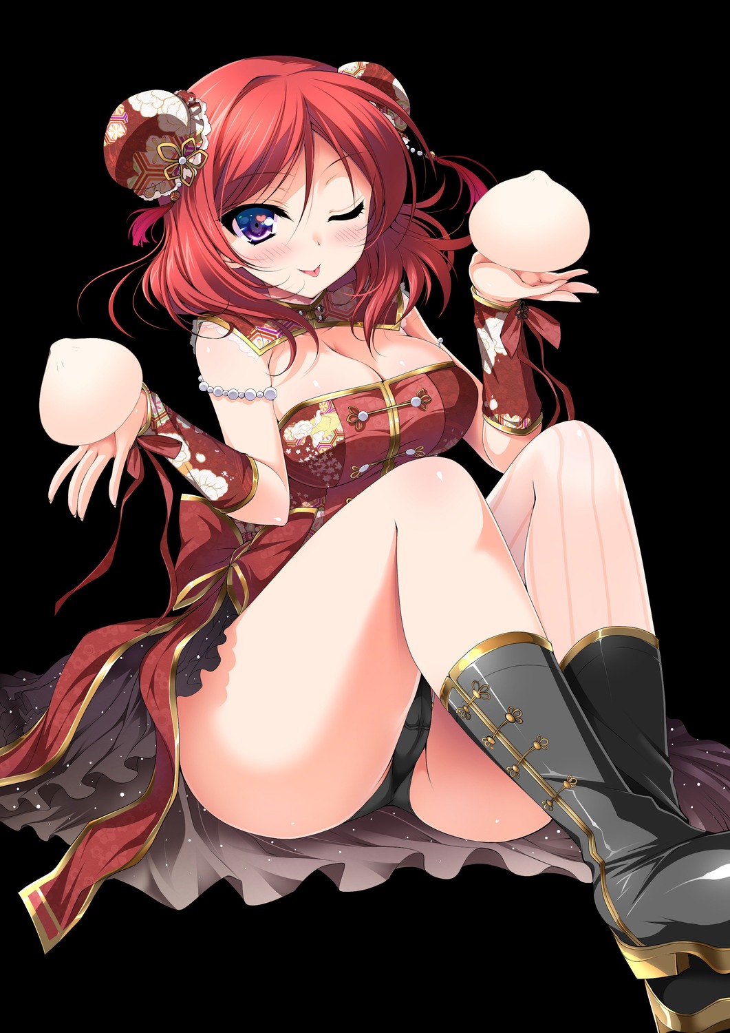 asian_clothes cameltoe love_live! ninoko nishikino_maki no_bra pantsu skirt_lift thighhighs thong