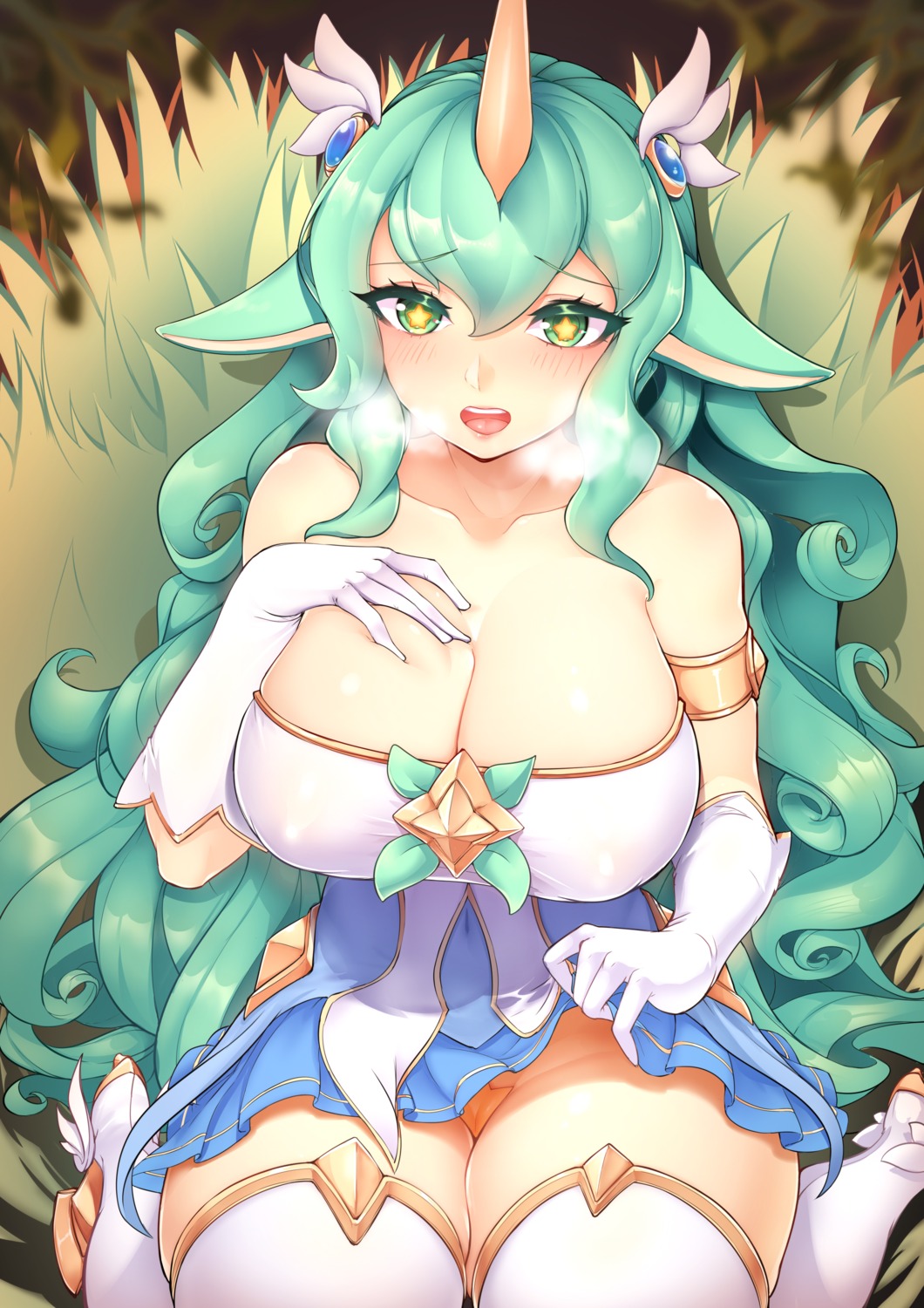 animal_ears breast_hold darklux dress erect_nipples heels horns league_of_legends maebari no_bra nopan skirt_lift soraka thighhighs