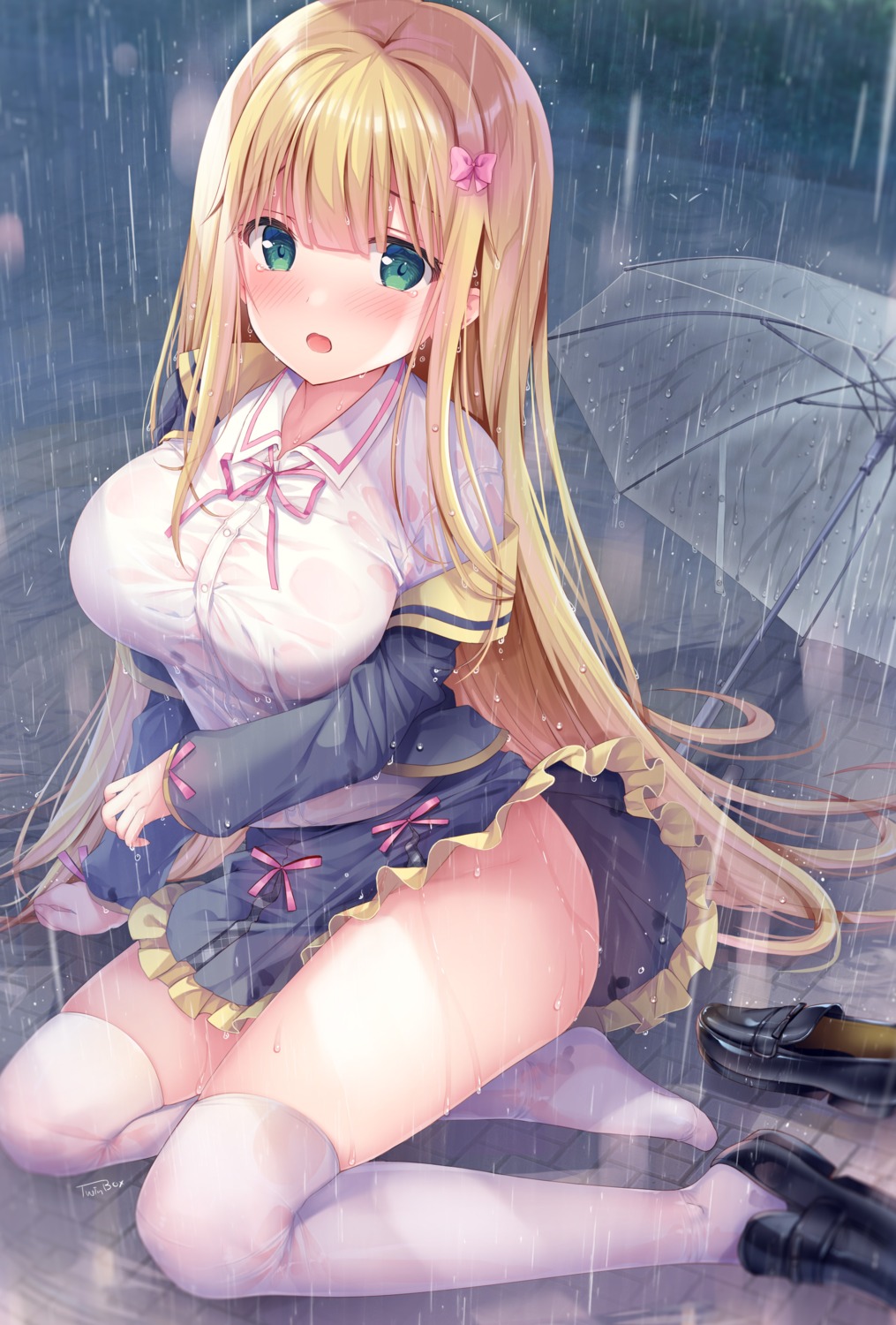 inagaki_minami nopan see_through seifuku skirt_lift thighhighs twinbox twinbox_school umbrella wardrobe_malfunction wet wet_clothes