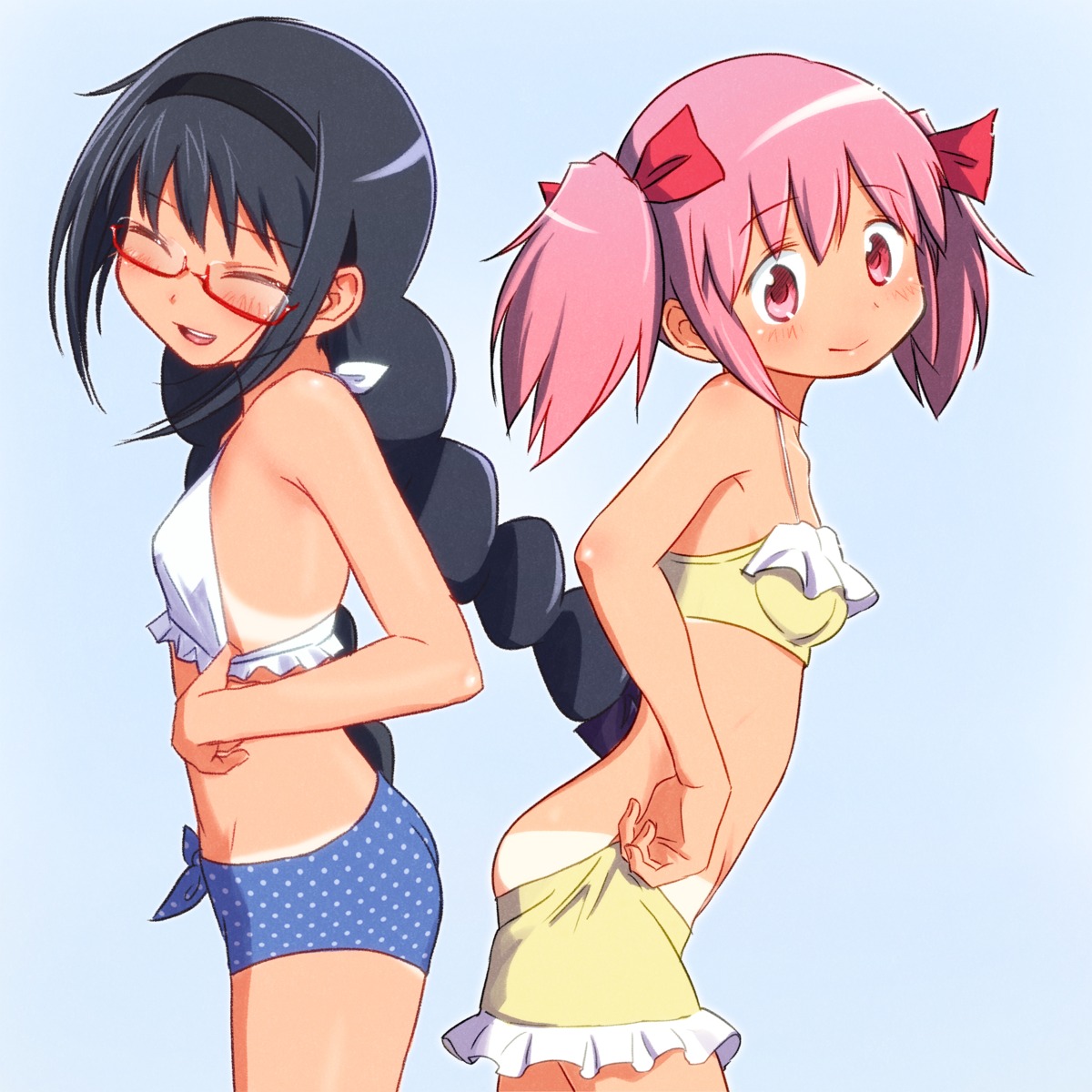 akemi_homura bikini kaname_madoka megane puella_magi_madoka_magica sat-c swimsuits tan_lines