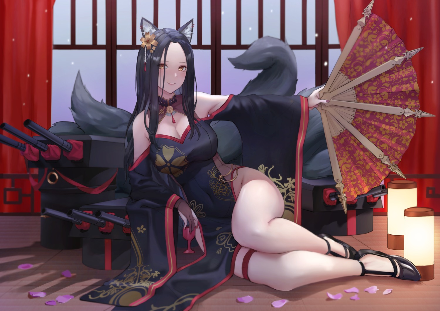 animal_ears chinadress cleavage eru_(eru_illust) garter kitsune nopan skirt_lift tail