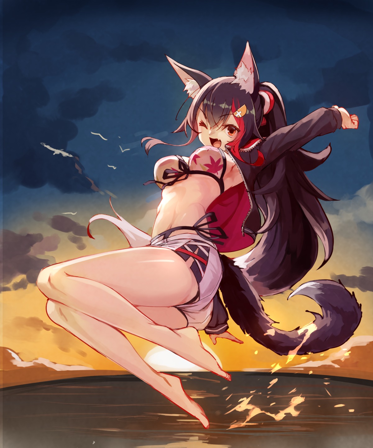 animal_ears bikini hololive hololive_gamers ookami_mio open_shirt sue_(bg-bros) swimsuits tail