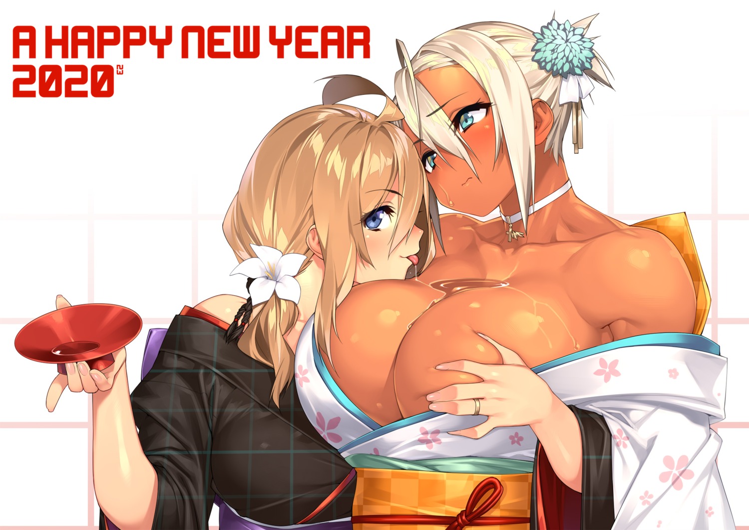 breast_grab kimono no_bra open_shirt real_xxiii sake wet yuri