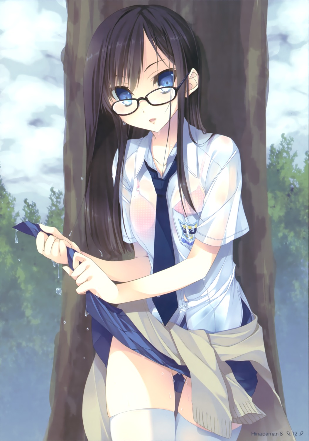 bra hinadamari katagiri_hinata megane see_through seifuku skirt_lift thighhighs wet_clothes