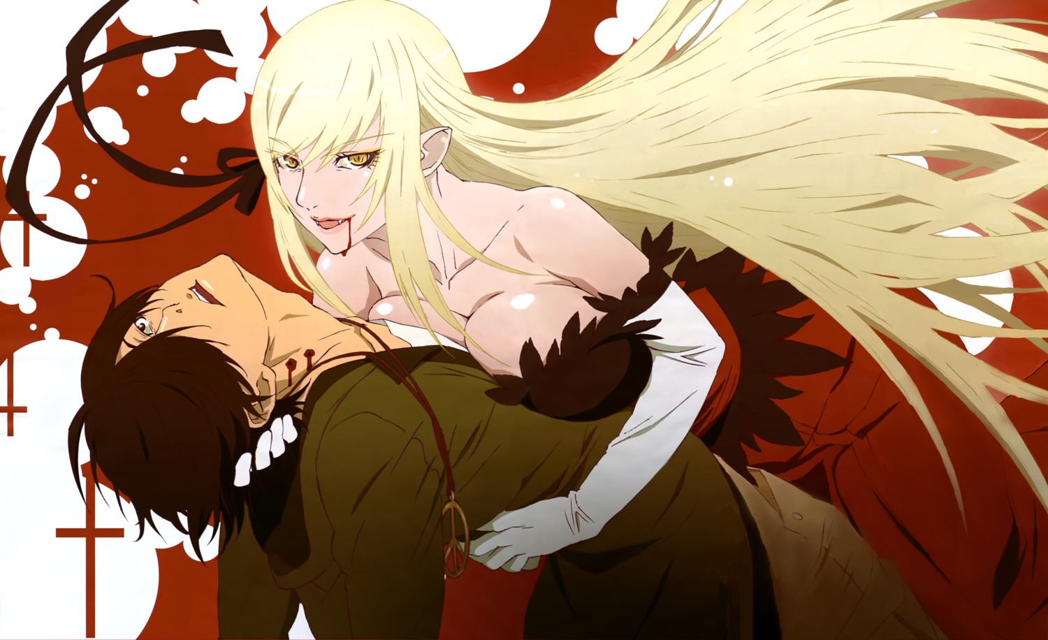 araragi_koyomi bakemonogatari blood cleavage dress kissshot_acerolaorion_heartunderblade kizumonogatari monogatari_(series) morioka_hideyuki no_bra photoshop pointy_ears