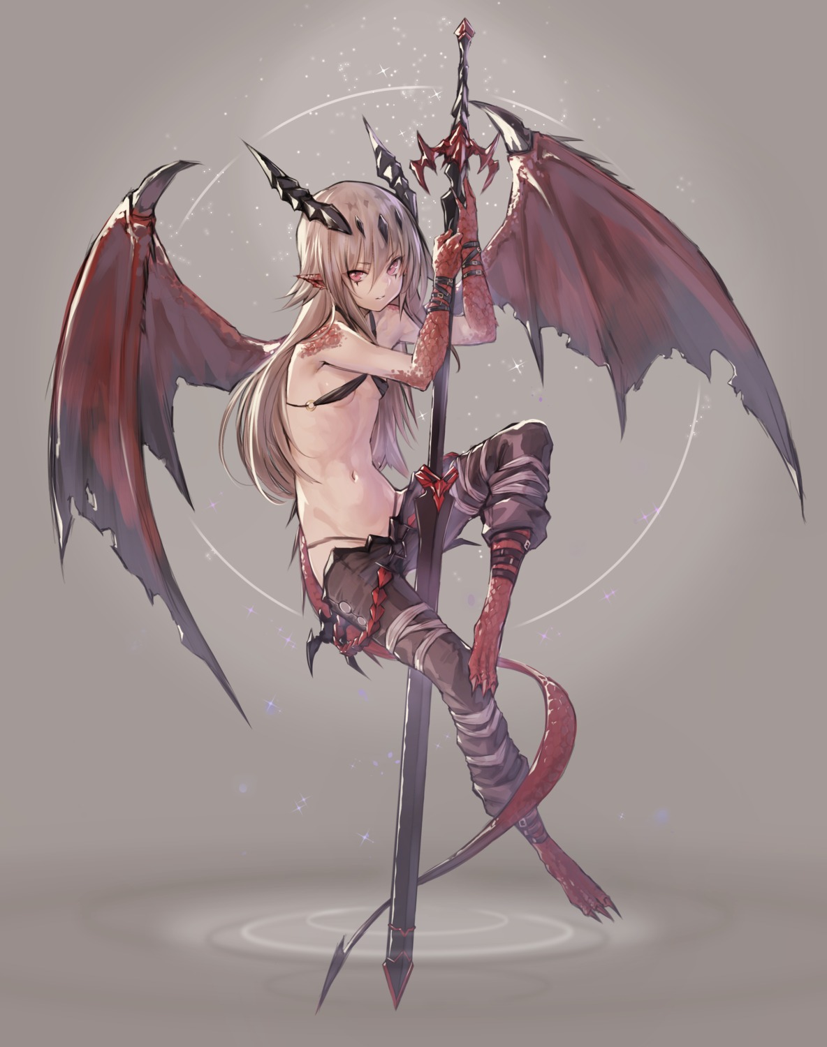 bandages bikini dio_uryyy horns pointy_ears swimsuits sword tail wings