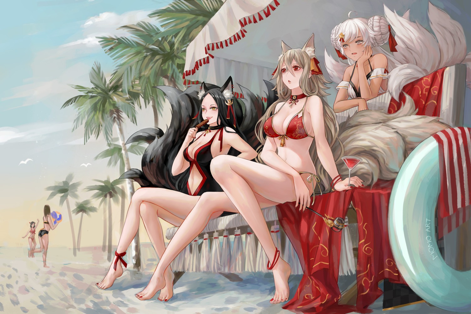 animal_ears ass azur_lane bikini kitsune momo_art musashi_(azur_lane) shinano_(azur_lane) swimsuits tail yamato_(azur_lane)