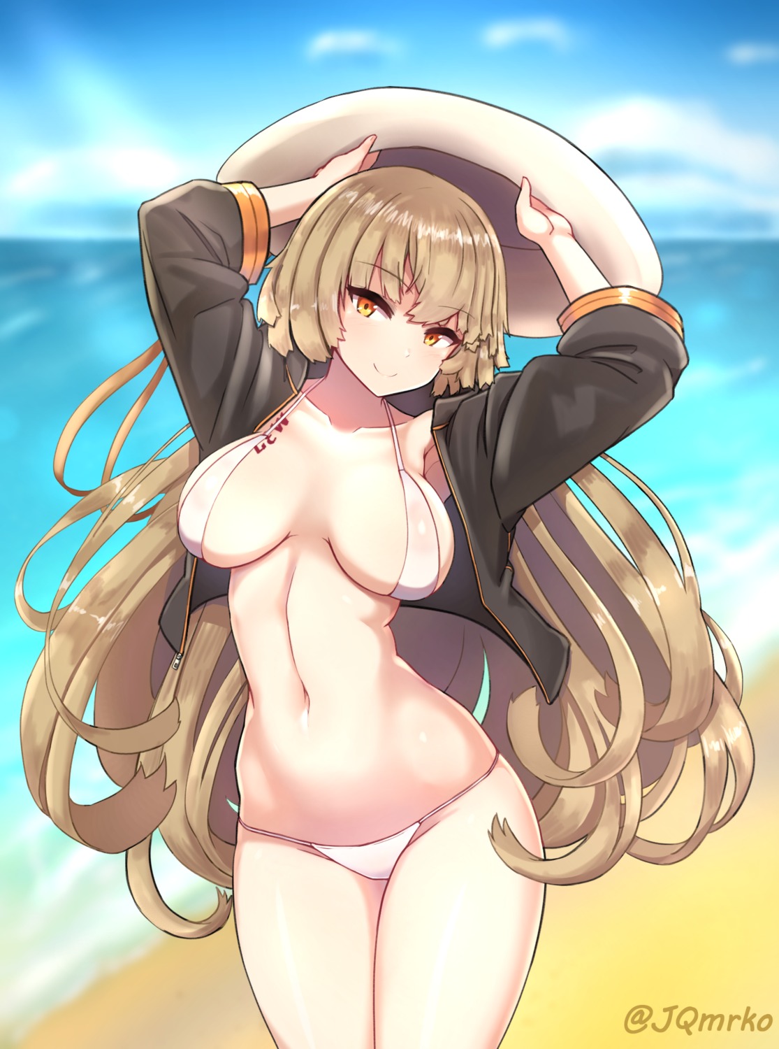 bikini girls_frontline ithaca_m37_(girls_frontline) manme open_shirt swimsuits tattoo watermark