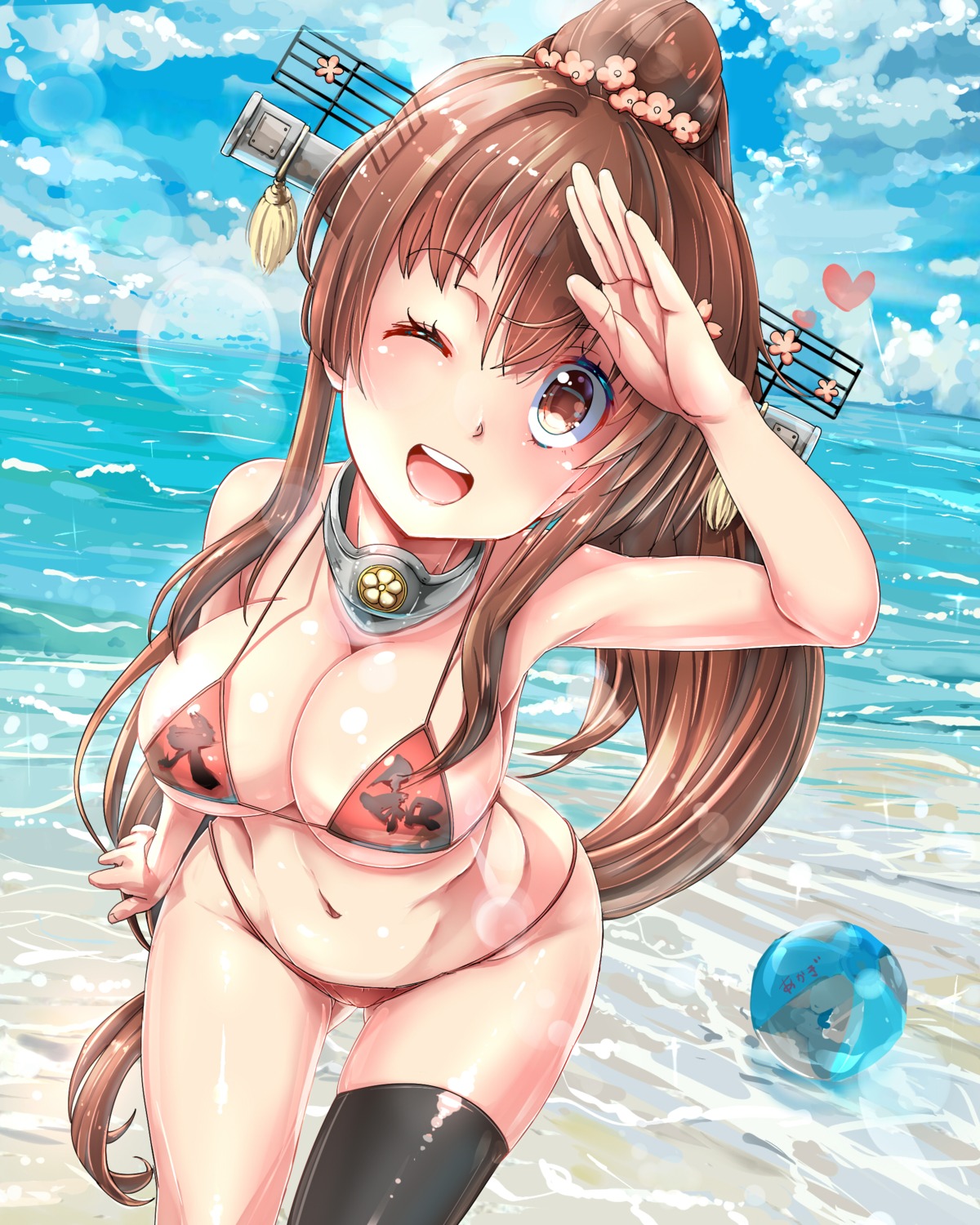 bikini cleavage kantai_collection kentaurosu swimsuits thighhighs underboob yamato_(kancolle)