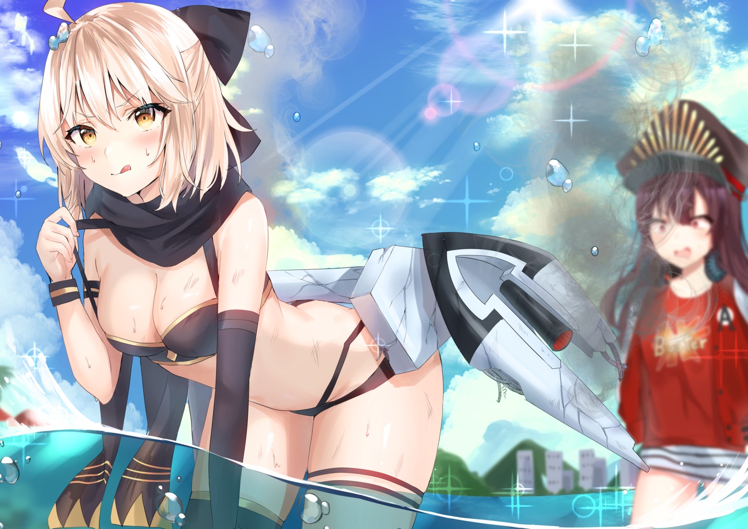 bikini cleavage fate/grand_order garter oda_nobunaga_(fate) okita_souji_(fate) swimsuits thighhighs wet yufou