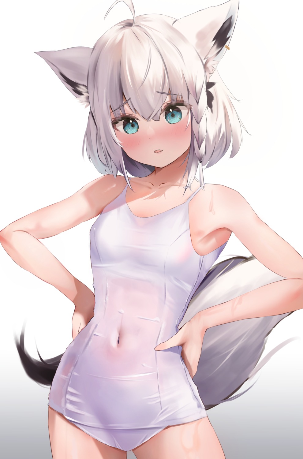 animal_ears hololive hololive_gamers kitsune school_swimsuit see_through shirakami_fubuki swimsuits tail uechin_ewokaku