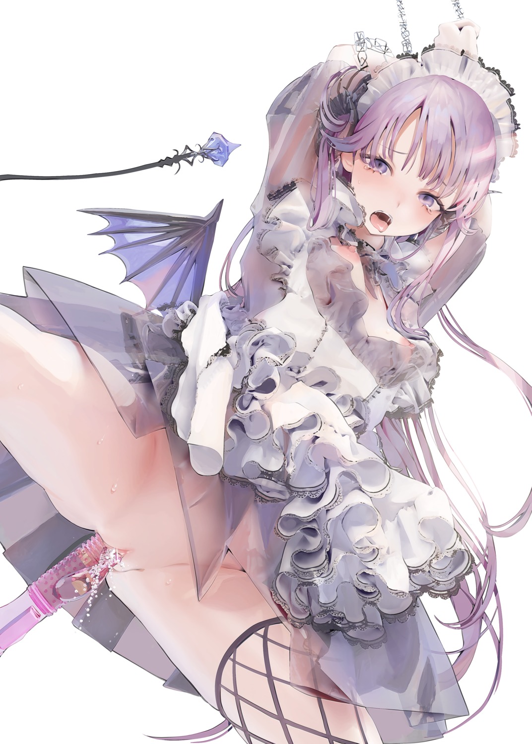 bondage breasts dildo fishnets horns iijima_masashi maid nipples no_bra nopan pussy pussy_juice see_through skirt_lift tail thighhighs wings