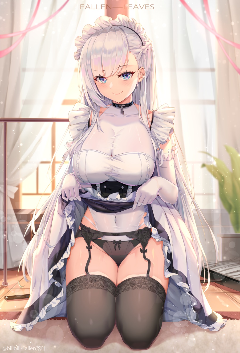 azur_lane belfast_(azur_lane) fallen-leaves garter_belt leotard maid pantsu skirt_lift stockings thighhighs