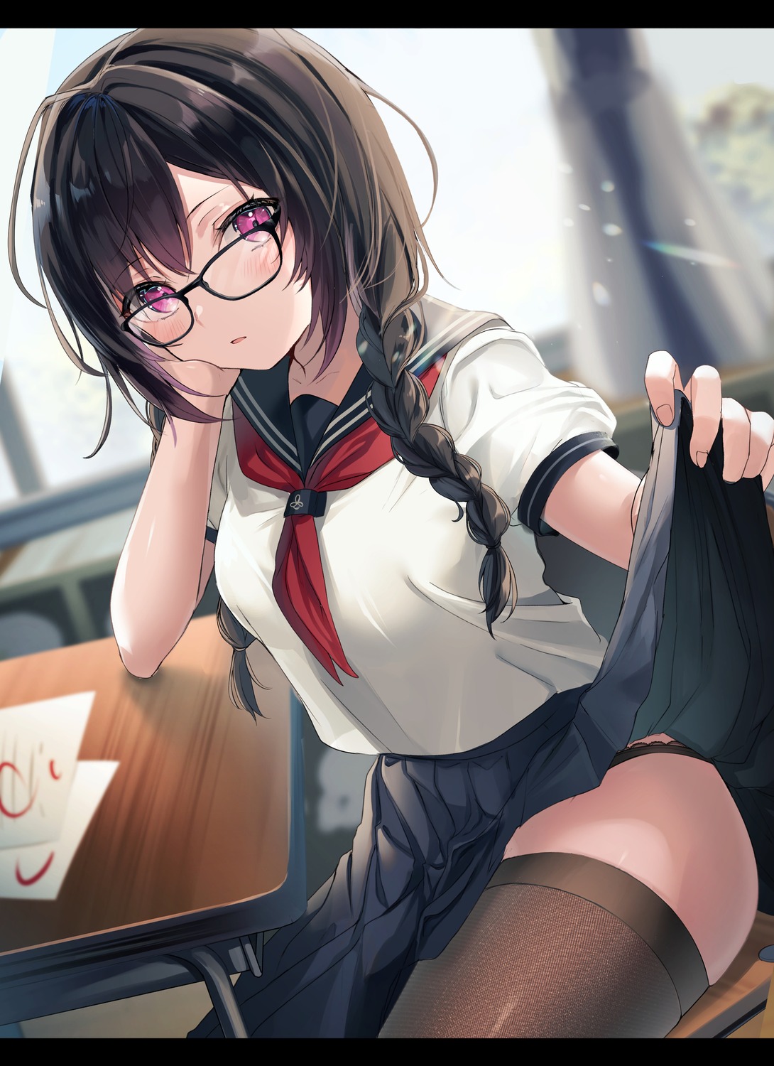 megane pantsu seifuku skirt_lift thighhighs yufou