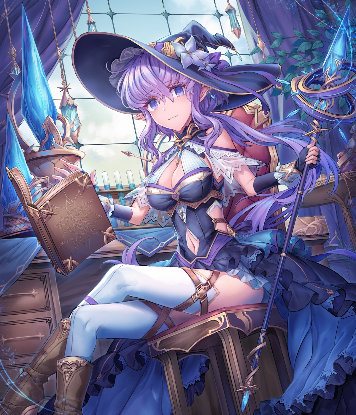 cleavage garter pointy_ears shichigatsu thighhighs weapon witch