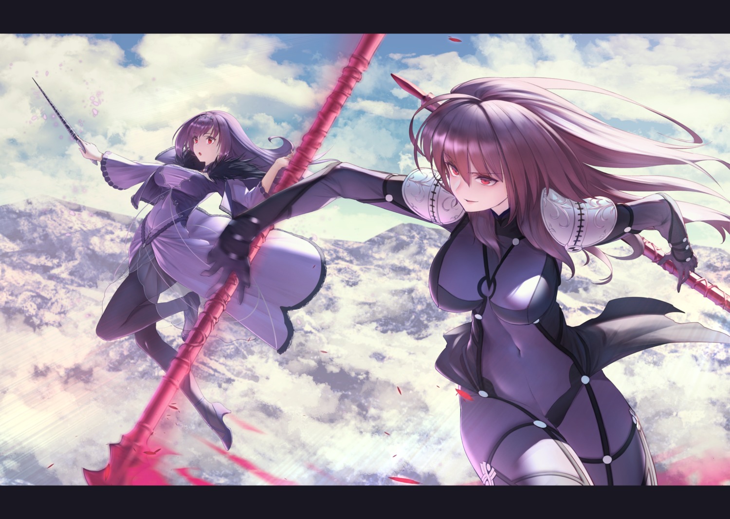 bodysuit fate/grand_order heels itaco pantyhose scathach_(fate/grand_order) scathach_skadi skirt_lift weapon