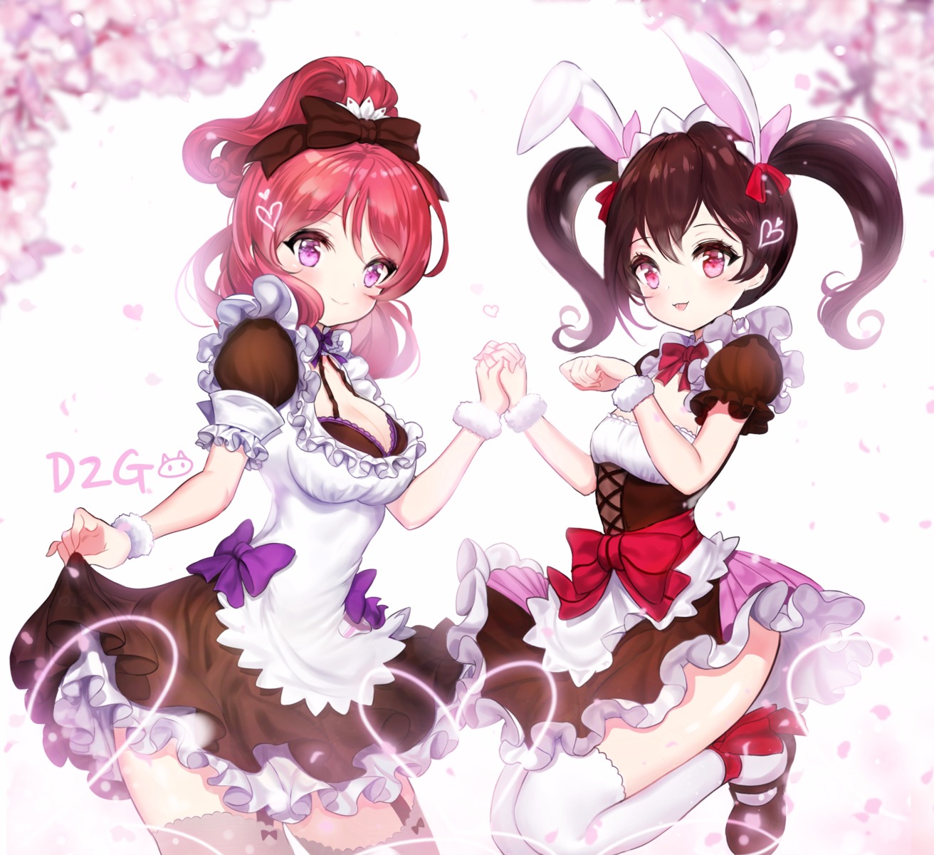 bra cleavage love_live! maid nishikino_maki pass35 skirt_lift thighhighs yazawa_nico