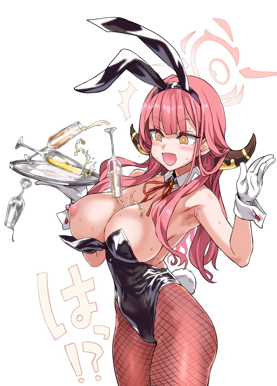 animal_ears asanagi blue_archive breasts bunny_ears bunny_girl fishnets halo horns nipples no_bra pantyhose rikuhachima_aru tail wardrobe_malfunction wet