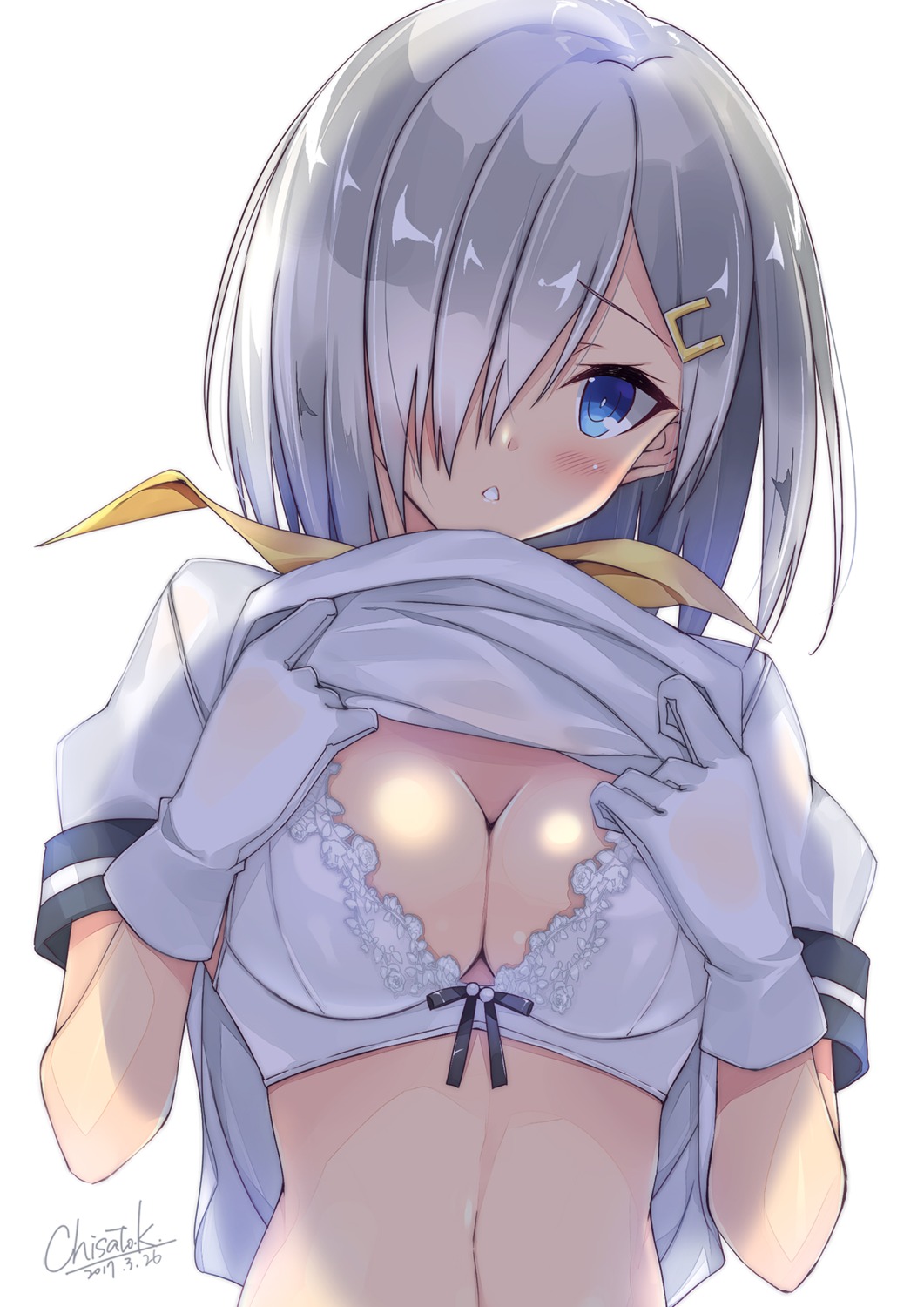 bra cleavage hamakaze_(kancolle) kantai_collection kobayashi_chisato seifuku shirt_lift