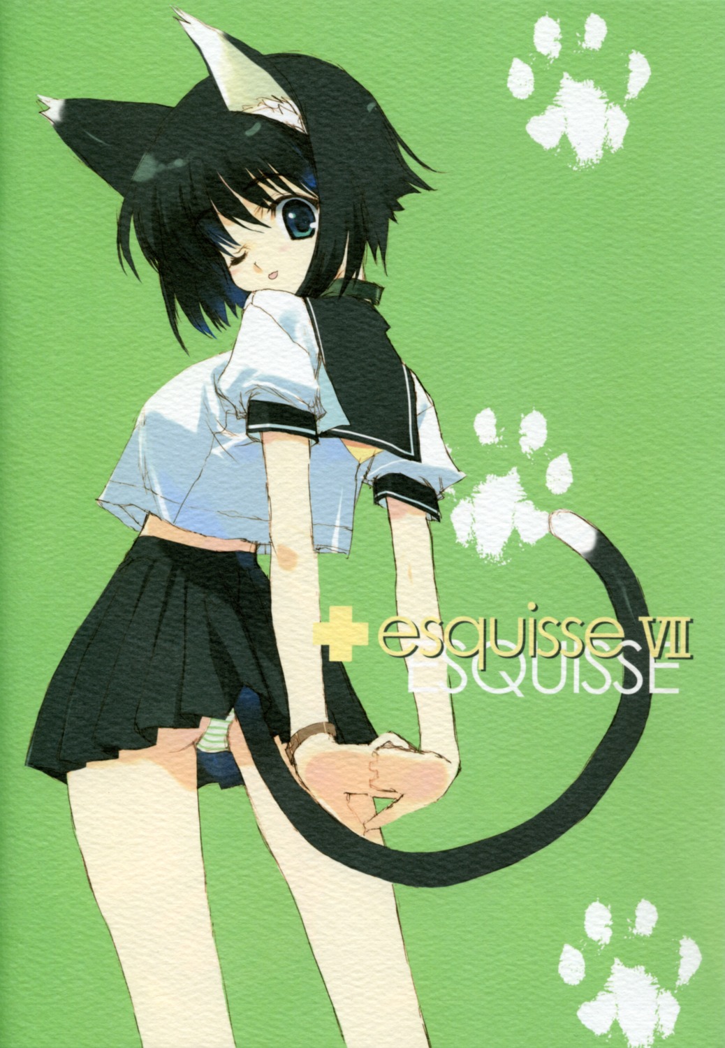 animal_ears nakamura_takeshi nekomimi pantsu paper_texture seifuku tail