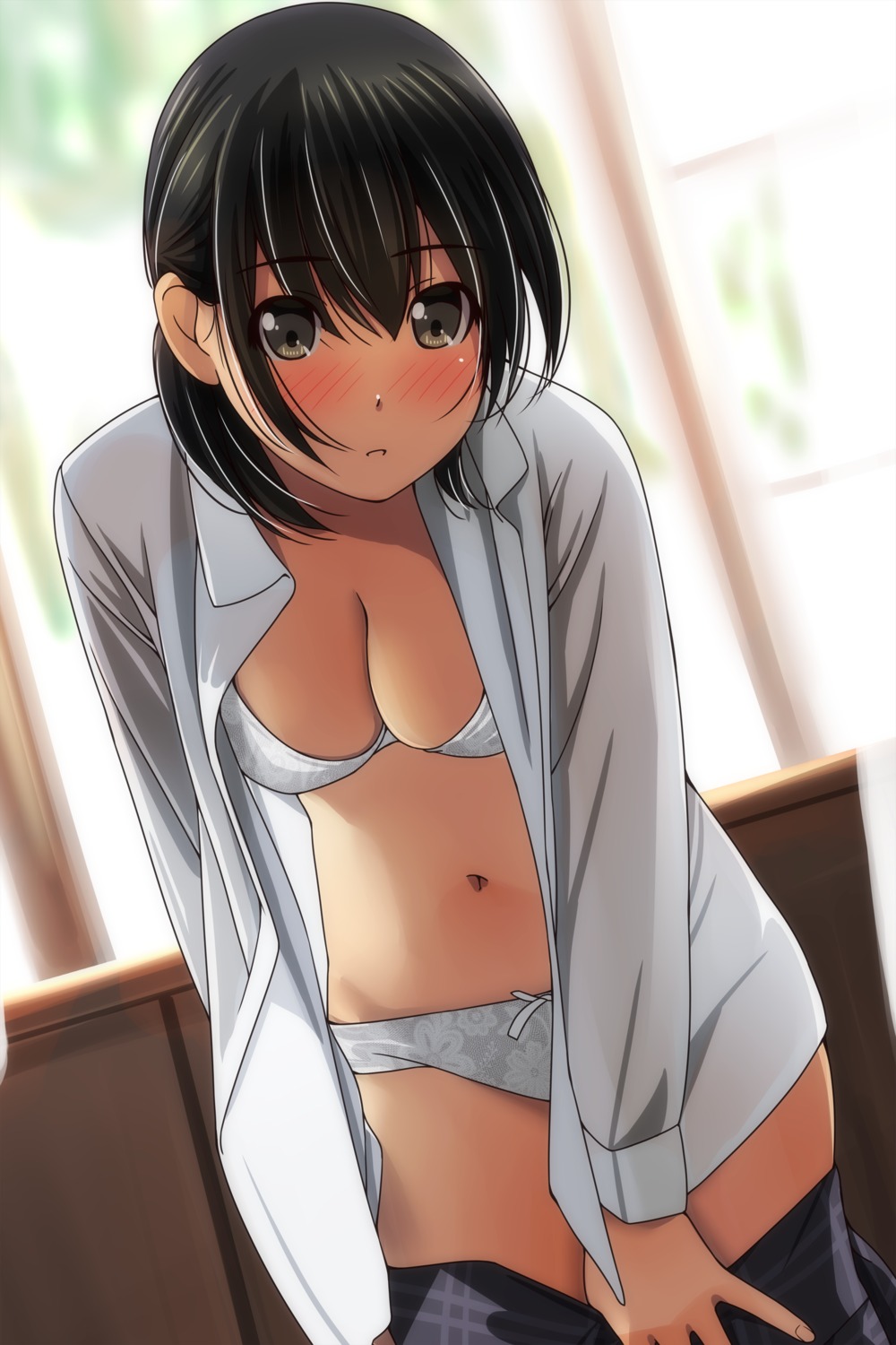 bra cleavage matsunaga_kouyou open_shirt pantsu seifuku undressing