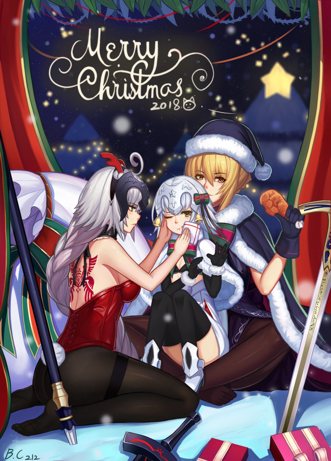 animal_ears ass blackcat12 bra bunny_ears bunny_girl christmas fate/grand_order heels jeanne_d'arc jeanne_d'arc_(alter)_(fate) jeanne_d'arc_alter_santa_lily pantyhose saber saber_alter sword tail tattoo thighhighs weapon