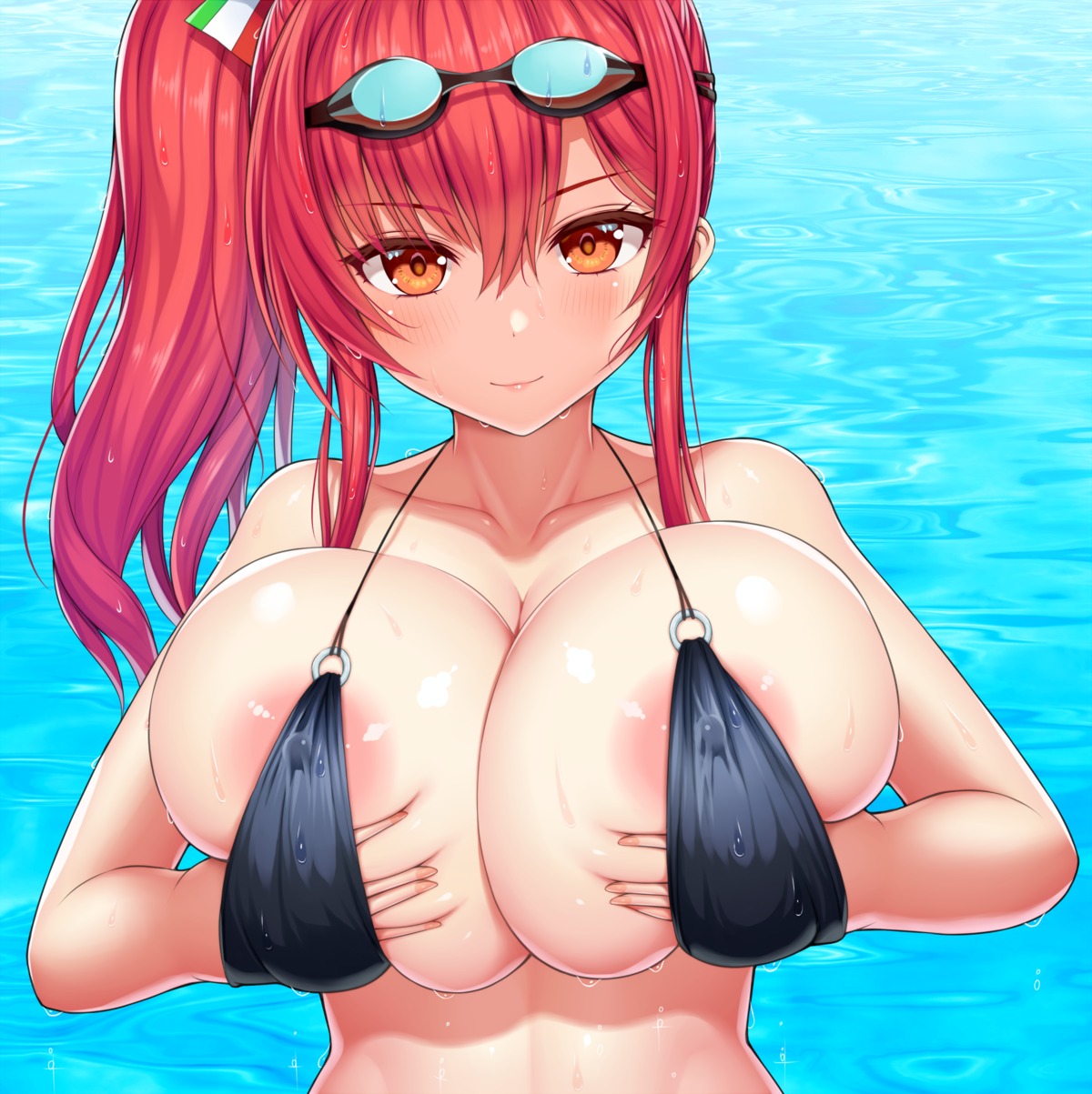 areola asamura_hiori azur_lane bikini_top breast_grab erect_nipples swimsuits wet zara_(azur_lane)