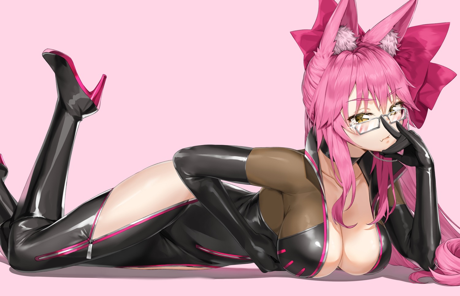 animal_ears bodysuit fate/grand_order heels megane no_bra open_shirt pixel_(yuxian) tamamo_vitch_koyanskaya