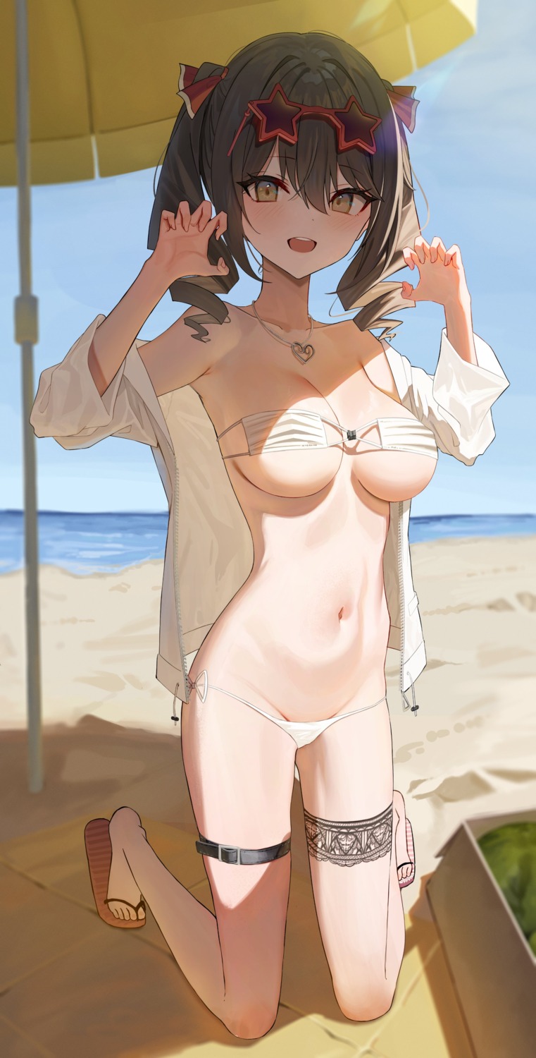 amrita_(amber78gou) bikini garter megane open_shirt panty_pull swimsuits