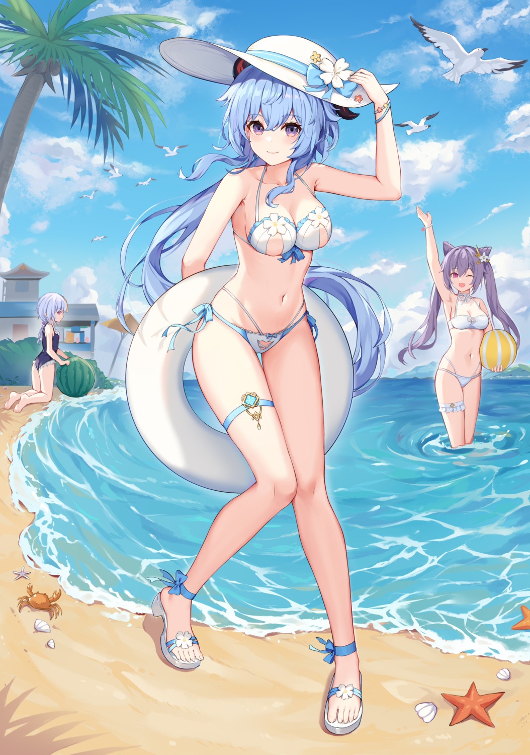 ass bikini ganyu garter genshin_impact horns keqing kizuna qiqi swimsuits wet