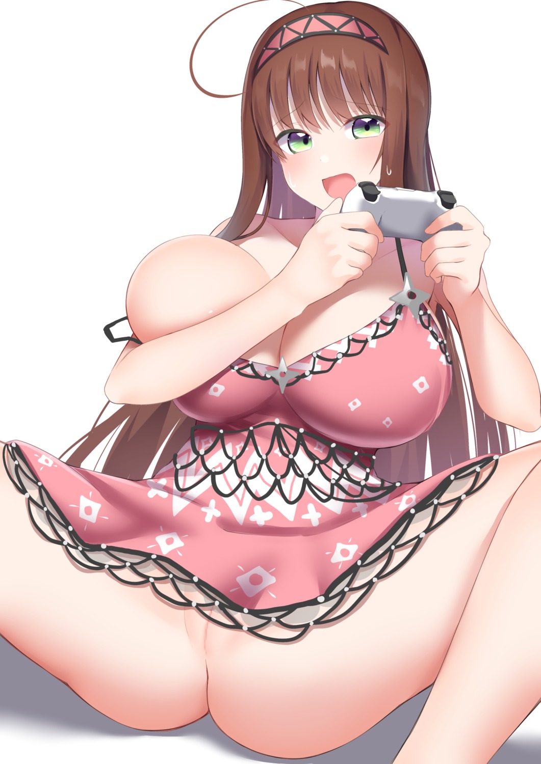 breast_hold breasts censored dress kitajima_yuuki no_bra nopan pussy skirt_lift