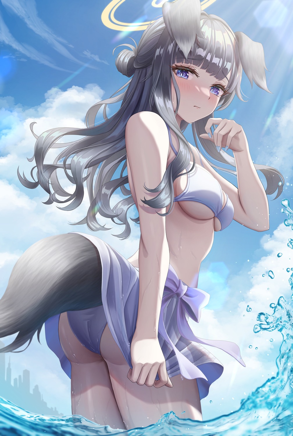 animal_ears ass bikini blue_archive halo inumimi mu-to nekozuka_hibiki skirt_lift swimsuits tail wet