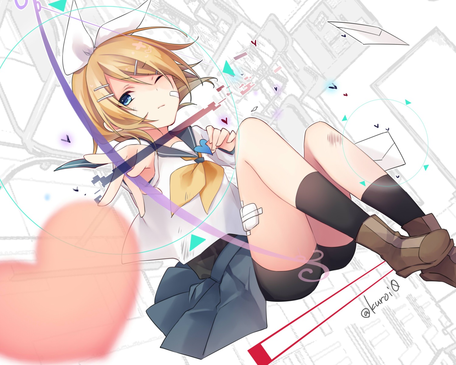 bandaid bike_shorts kagamine_rin kuroi_(liar-player) seifuku skirt_lift vocaloid weapon