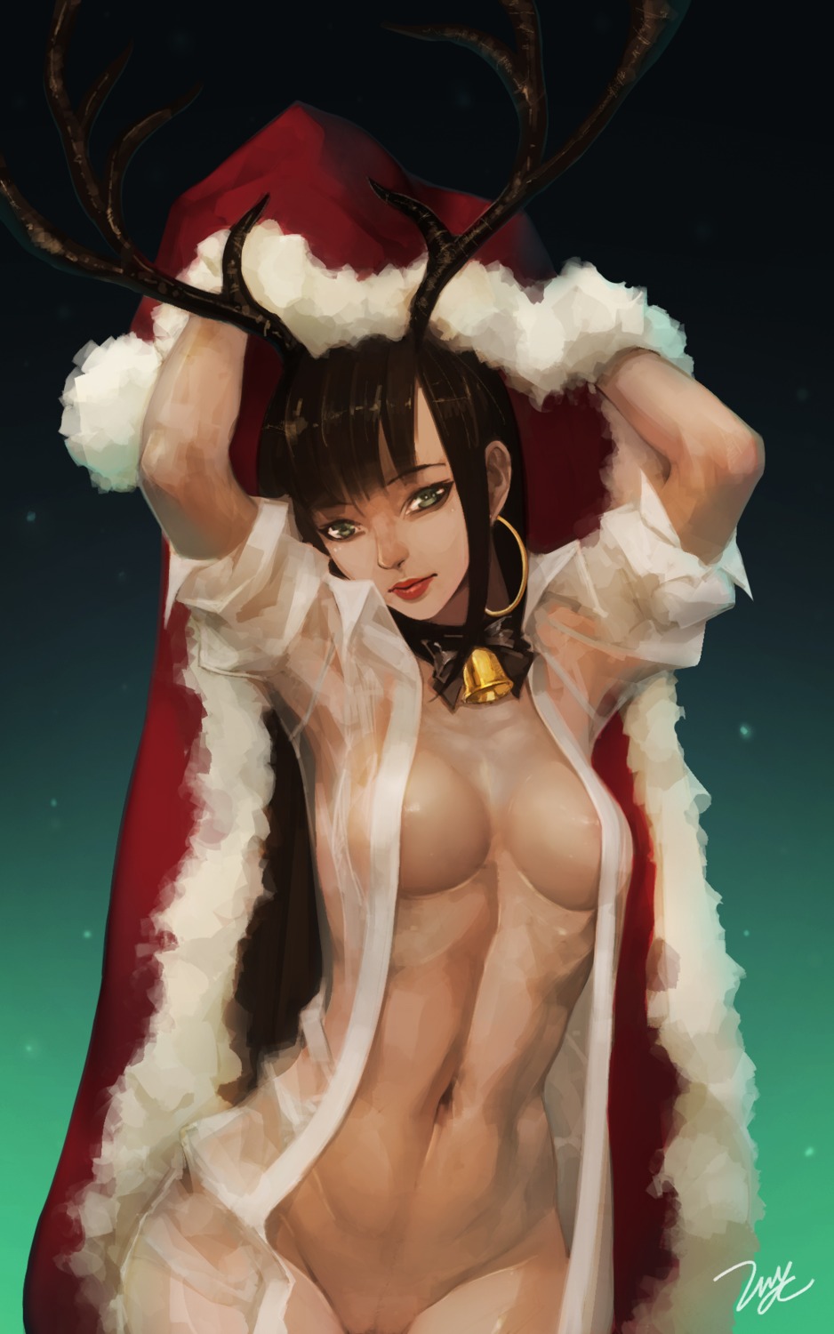 aaa_(september_breeze) areola christmas cleavage horns no_bra nopan open_shirt see_through