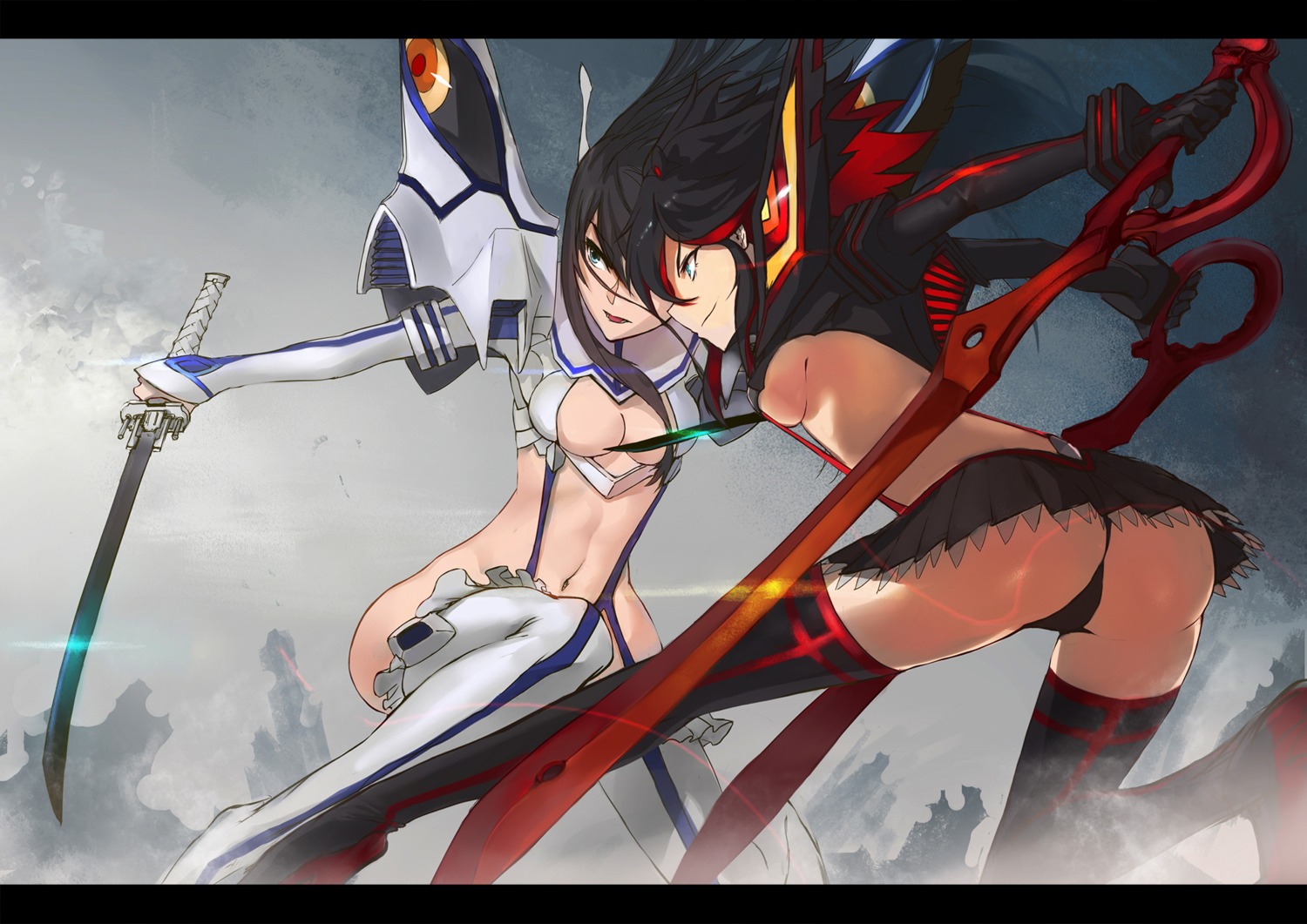 cleavage kill_la_kill kiryuuin_satsuki m874 matoi_ryuuko sword thighhighs underboob