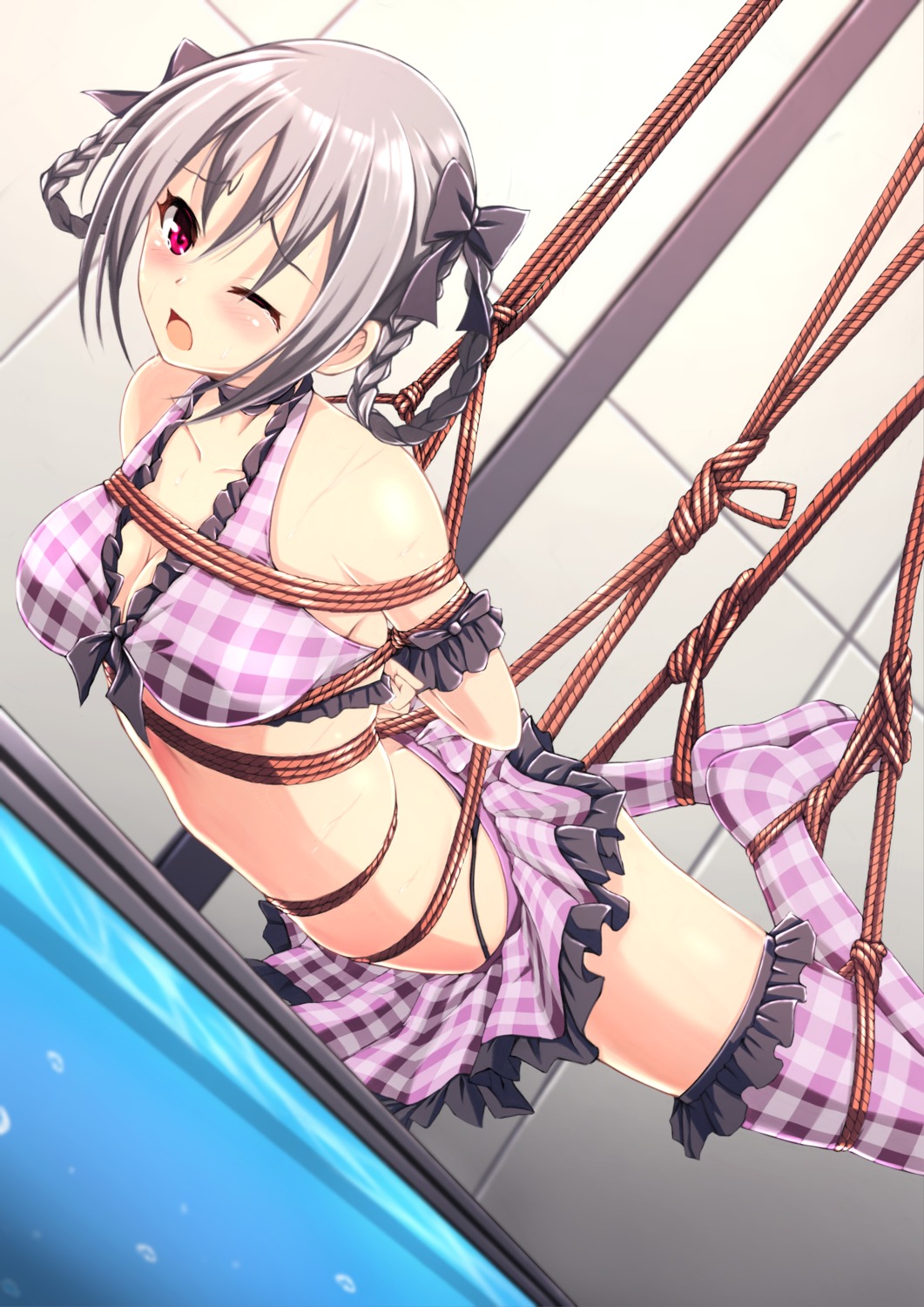 bikini bondage cleavage cyoppu kanzaki_ranko skirt_lift swimsuits the_idolm@ster the_idolm@ster_cinderella_girls thighhighs