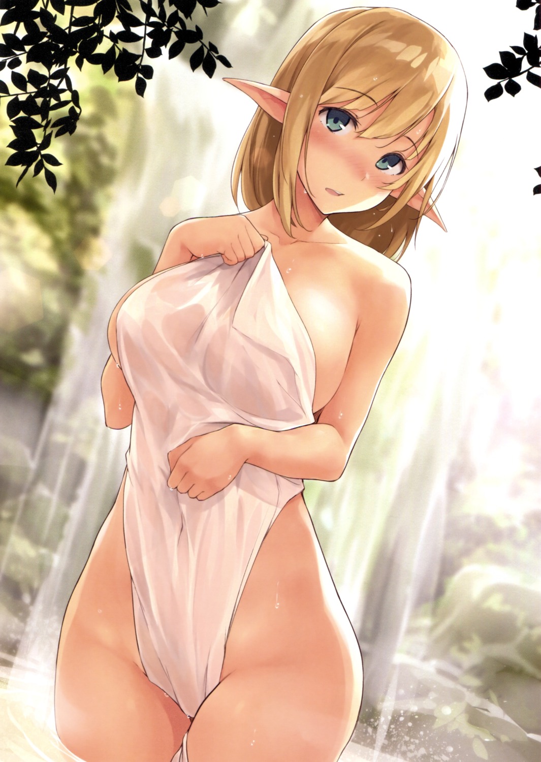 elf kekemotsu naked onsen pointy_ears towel wet