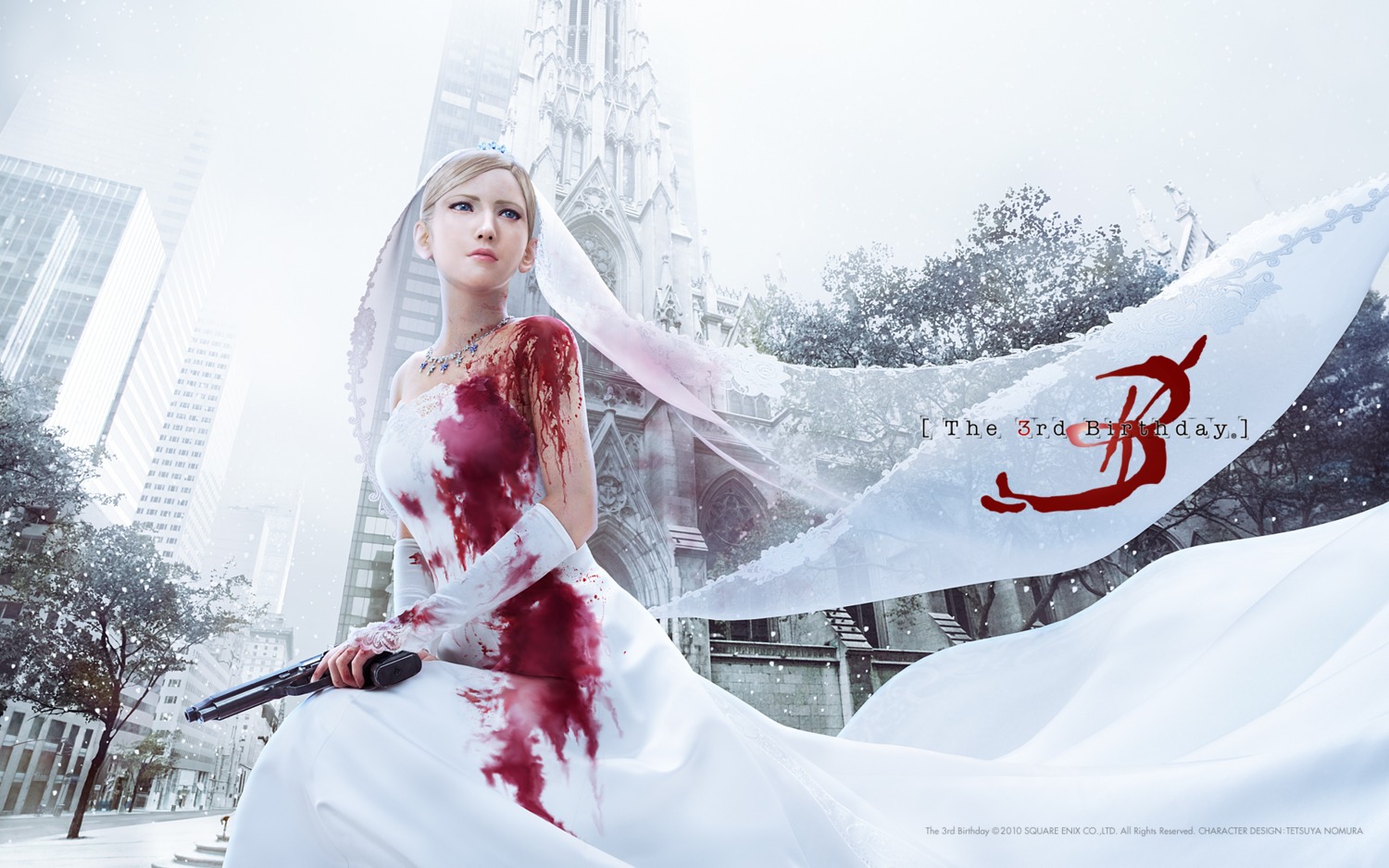 aya_brea blood cg dress gun parasite_eve the_3rd_birthday wallpaper wedding_dress