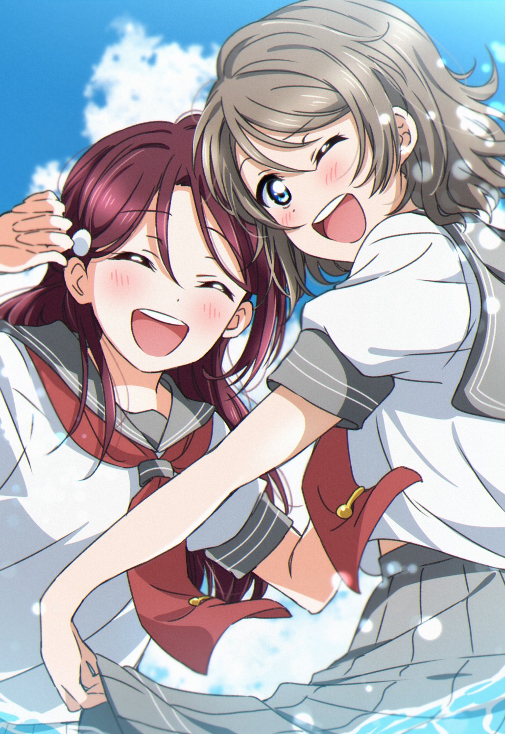 love_live!_sunshine!! sakurauchi_riko seifuku skirt_lift watanabe_you wet yuchi_(salmon-1000)