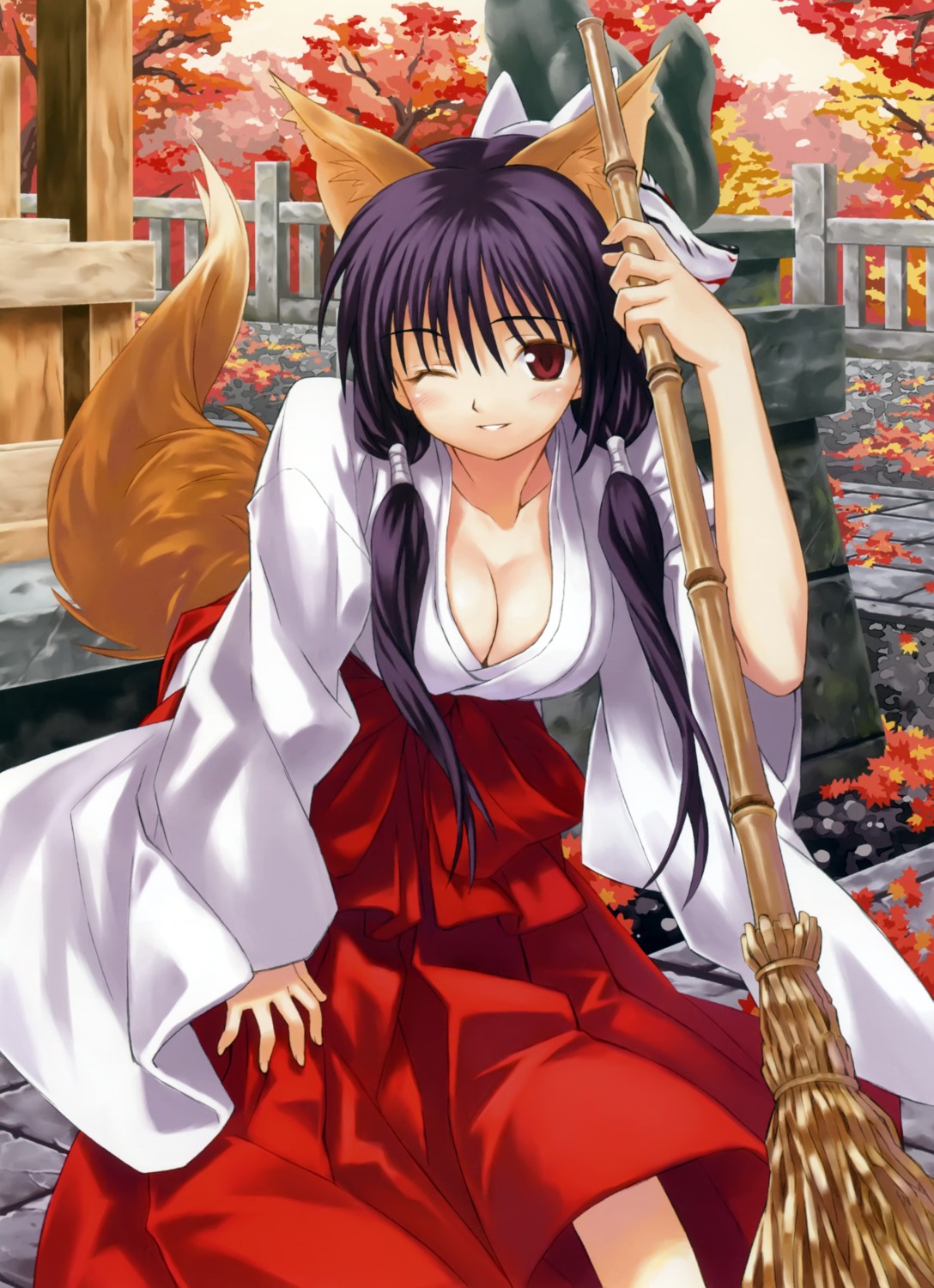 animal_ears cleavage kitsune matsuryuu miko tail