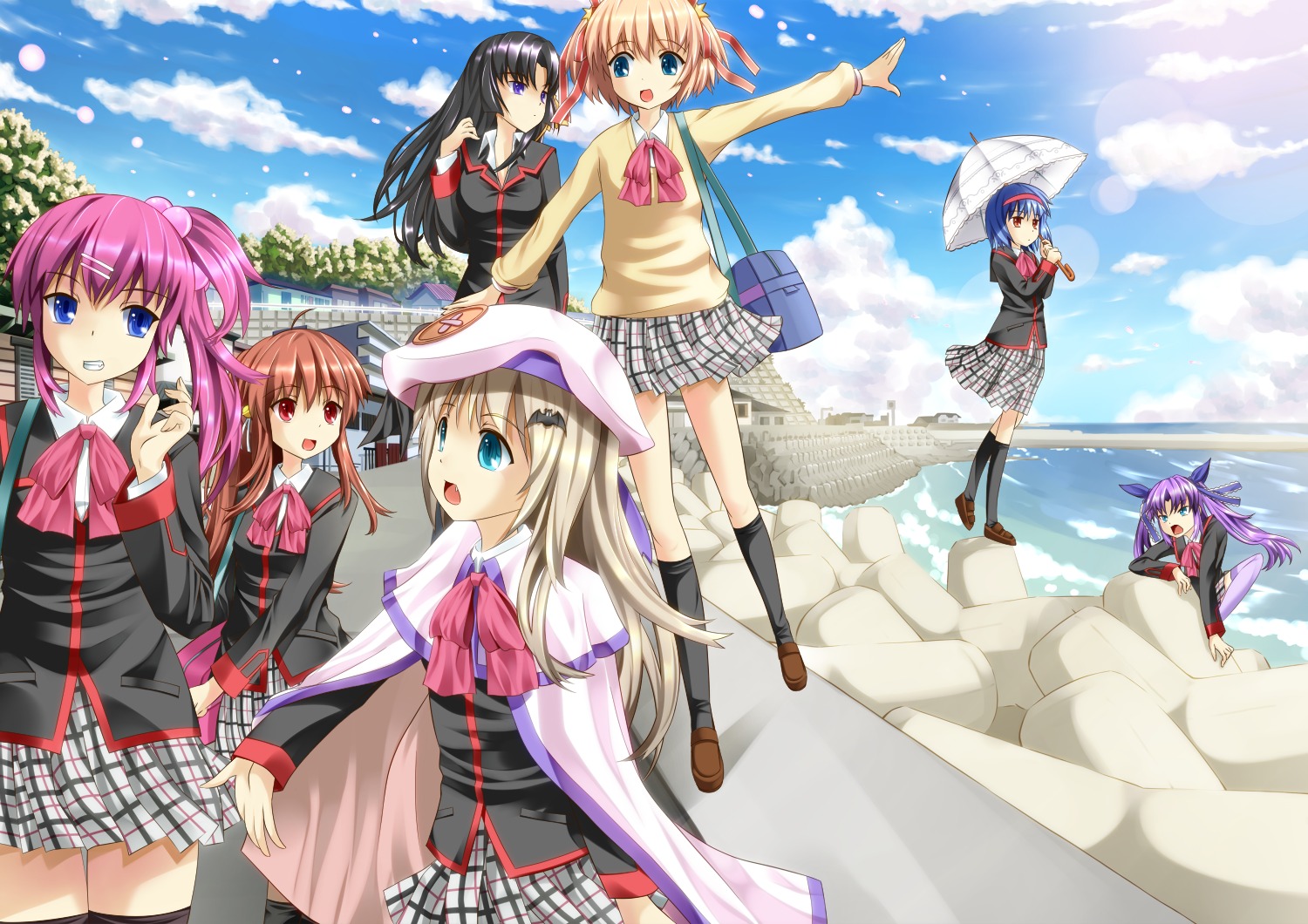 kamikita_komari kurugaya_yuiko little_busters! natsume_rin nishizono_mio noumi_kudryavka onaka_sukisuki saigusa_haruka sasasegawa_sasami seifuku thighhighs