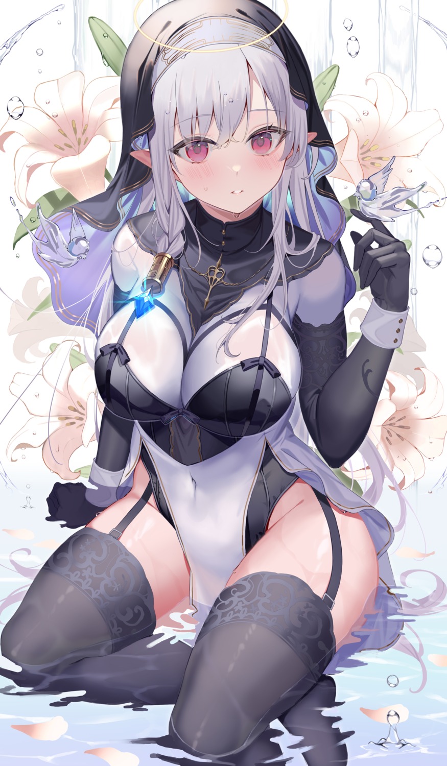 amahara_subaru halo nun pointy_ears see_through stockings thighhighs wet wet_clothes