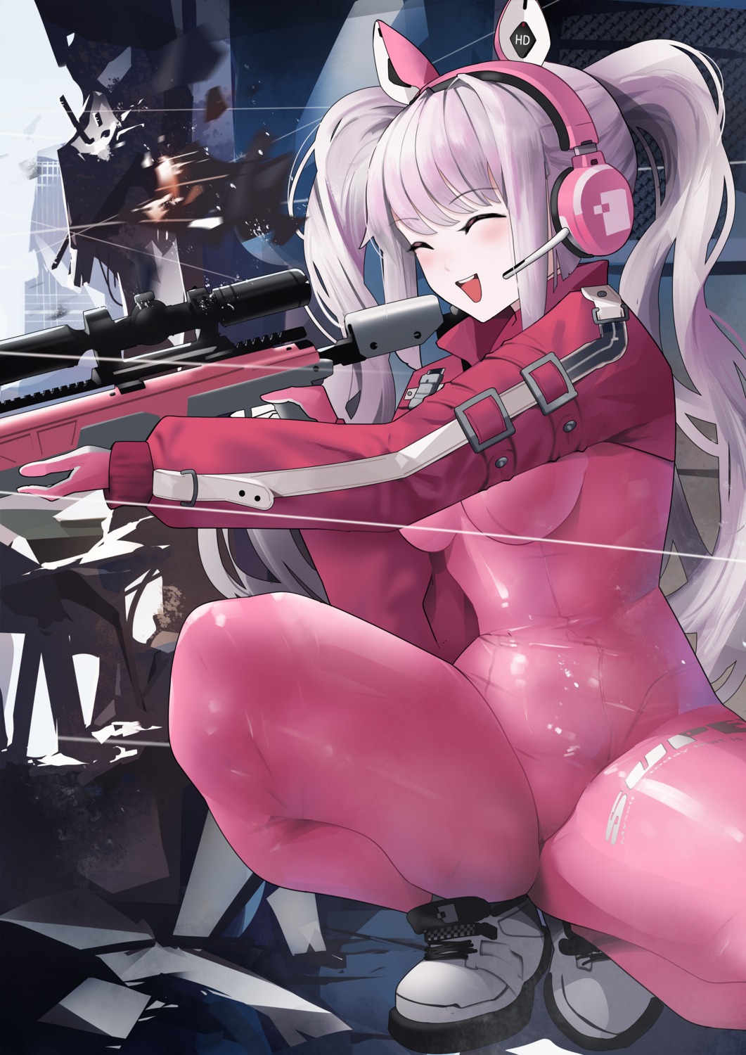 alice_(nikke) animal_ears bodysuit gloomyowl gun headphones nikke_the_goddess_of_victory