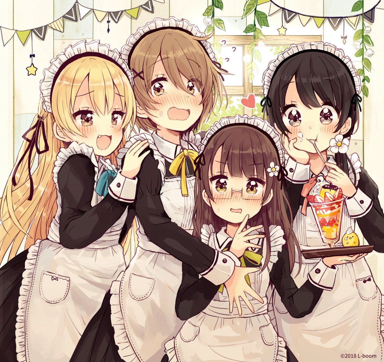 higuchi_kaede_(swing!) maid megane miyasato_haruka okamoto_natsuhi sakura_oriko swing!! waitress yokomine_ibuki