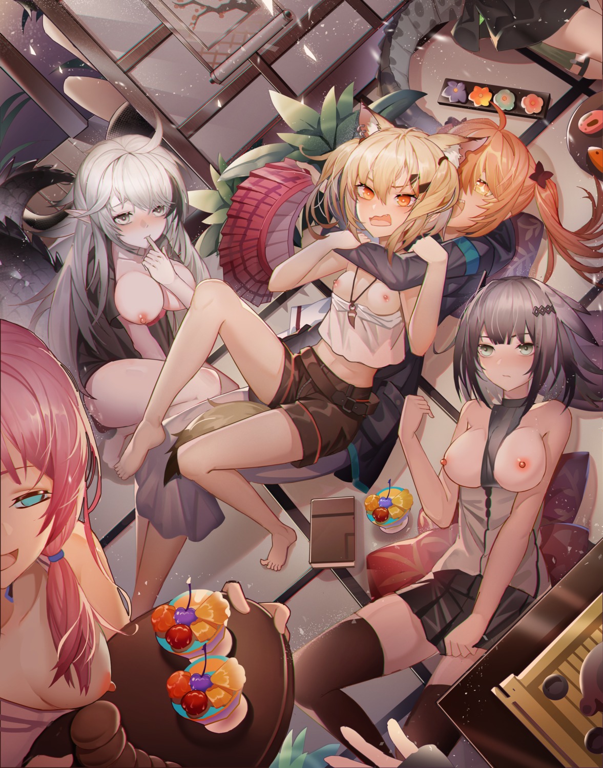 animal_ears arknights blue_poison_(arknights) breasts eunectes_(arknights) gavial_(arknights) greythroat_(arknights) jinjide_shaonian nipples no_bra open_shirt pointy_ears tail thighhighs tomimi_(arknights) vermeil_(arknights) yuri