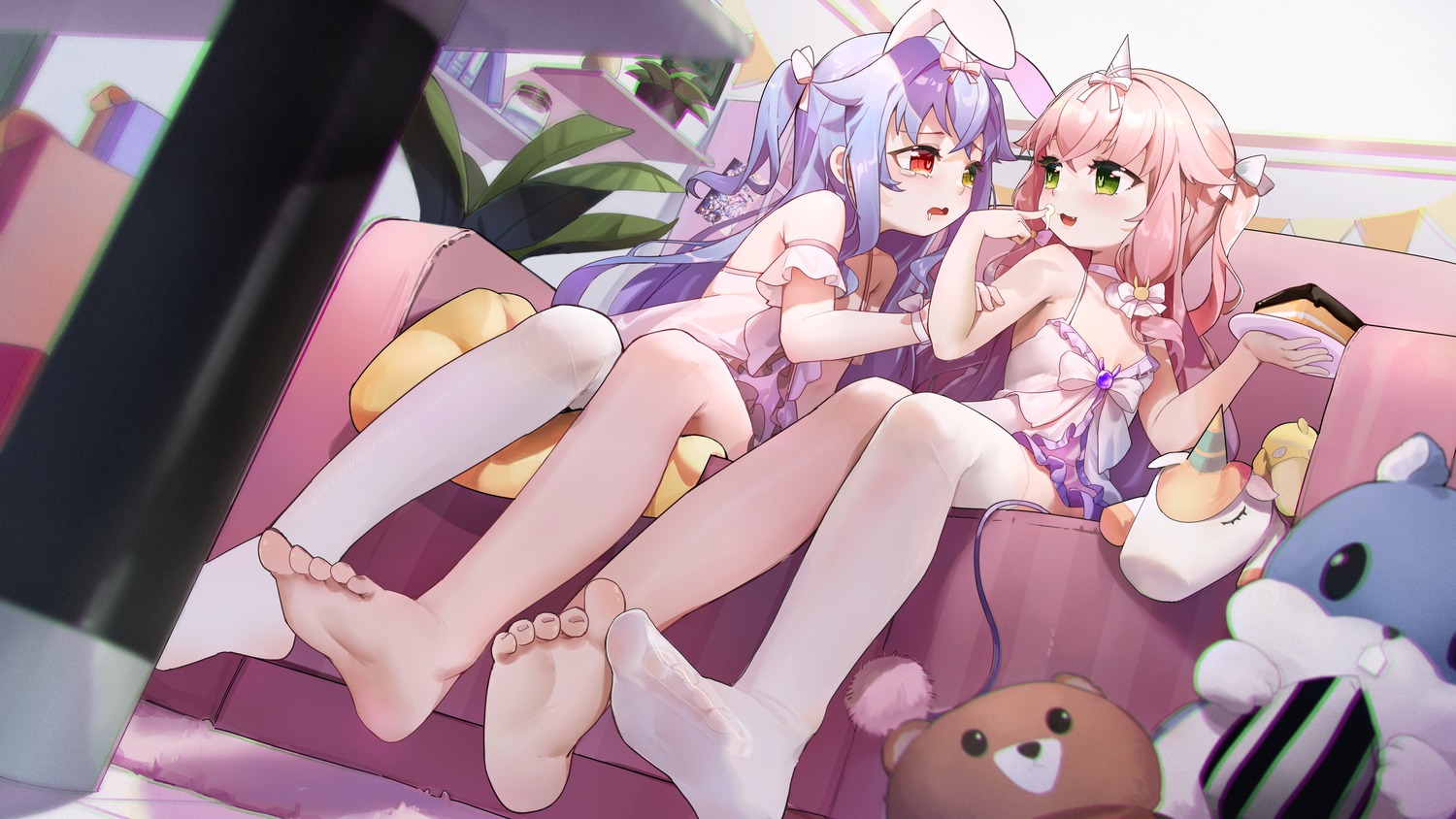 animal_ears bunny_ears cream feet heterochromia hokushuu horns loli no_bra yuri