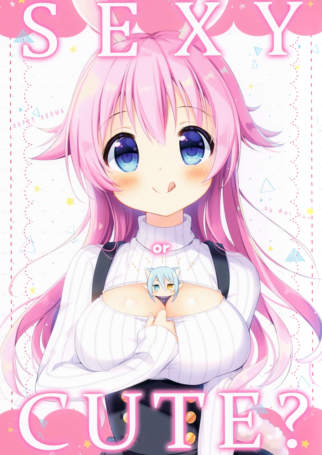 animal_ears aoi_yun breast_hold bunny_ears chibi cleavage heterochromia pointy_ears sweater