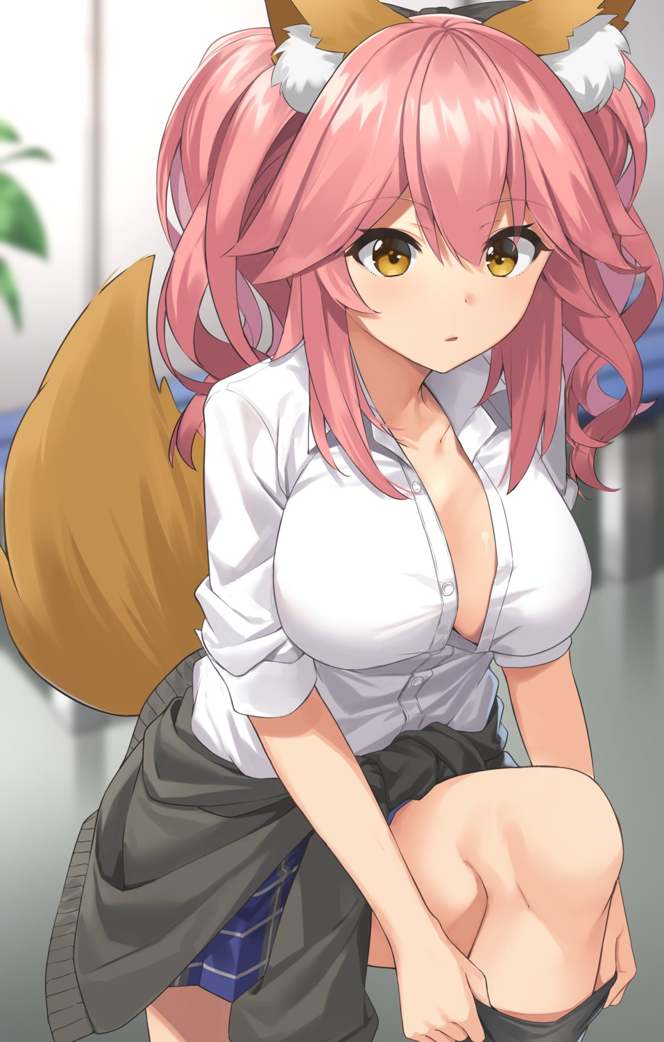 animal_ears fate/grand_order kitsune no_bra open_shirt seifuku suiroh sweater tail tamamo_no_mae undressing