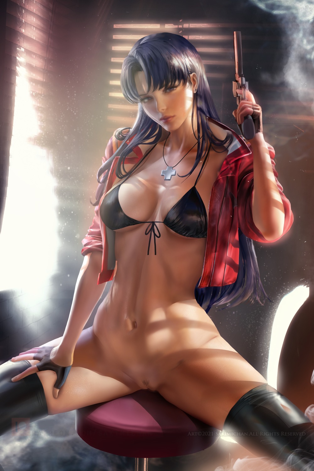 bikini_top bottomless gun katsuragi_misato neon_genesis_evangelion open_shirt pussy sakimichan swimsuits thighhighs uncensored