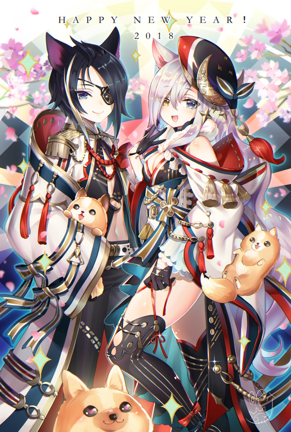 animal_ears cleavage eyepatch japanese_clothes nemusuke thighhighs